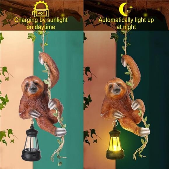 Solar Light Outdoor Statues 6.10''H Resin Sloth Climbing On A 24" L Vine Lantern - Picture 4 of 7